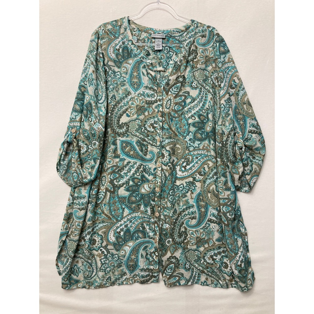 Catherines Tunic 2X 22/24W Teal Paisley Roll Tab Sleeve Button Front Top